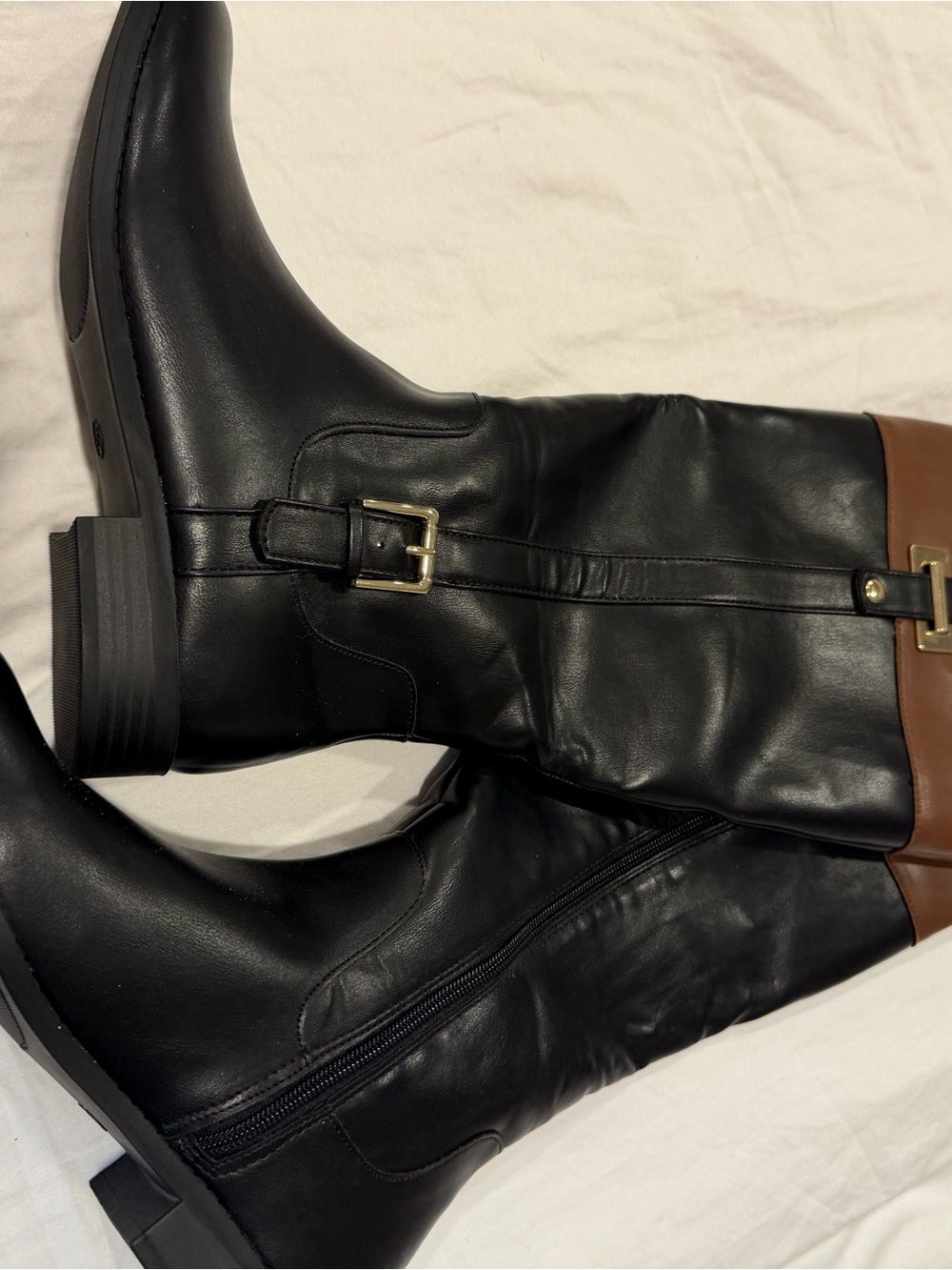 Black & Brown Leather Mid-Calf Heeled Boots